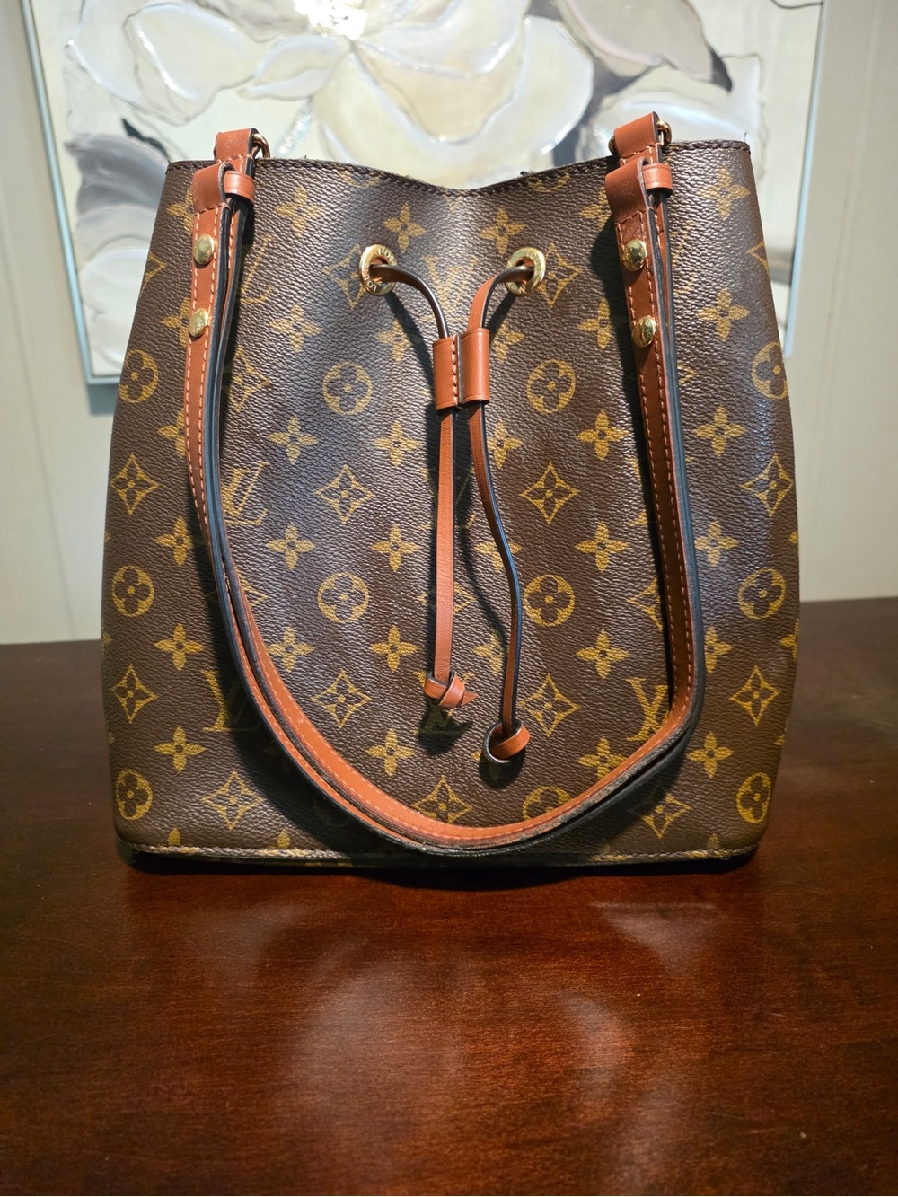 Louis Vuitton Monogram Canvas Brown Drawstring Shoulder Bag with Tan Trim